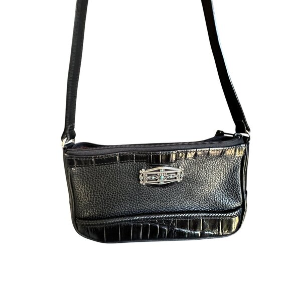 Brighton Black Leather Shoulder Bag 9" x 5" Turquoise Accent Medallion Croc Trim - Picture 2 of 8